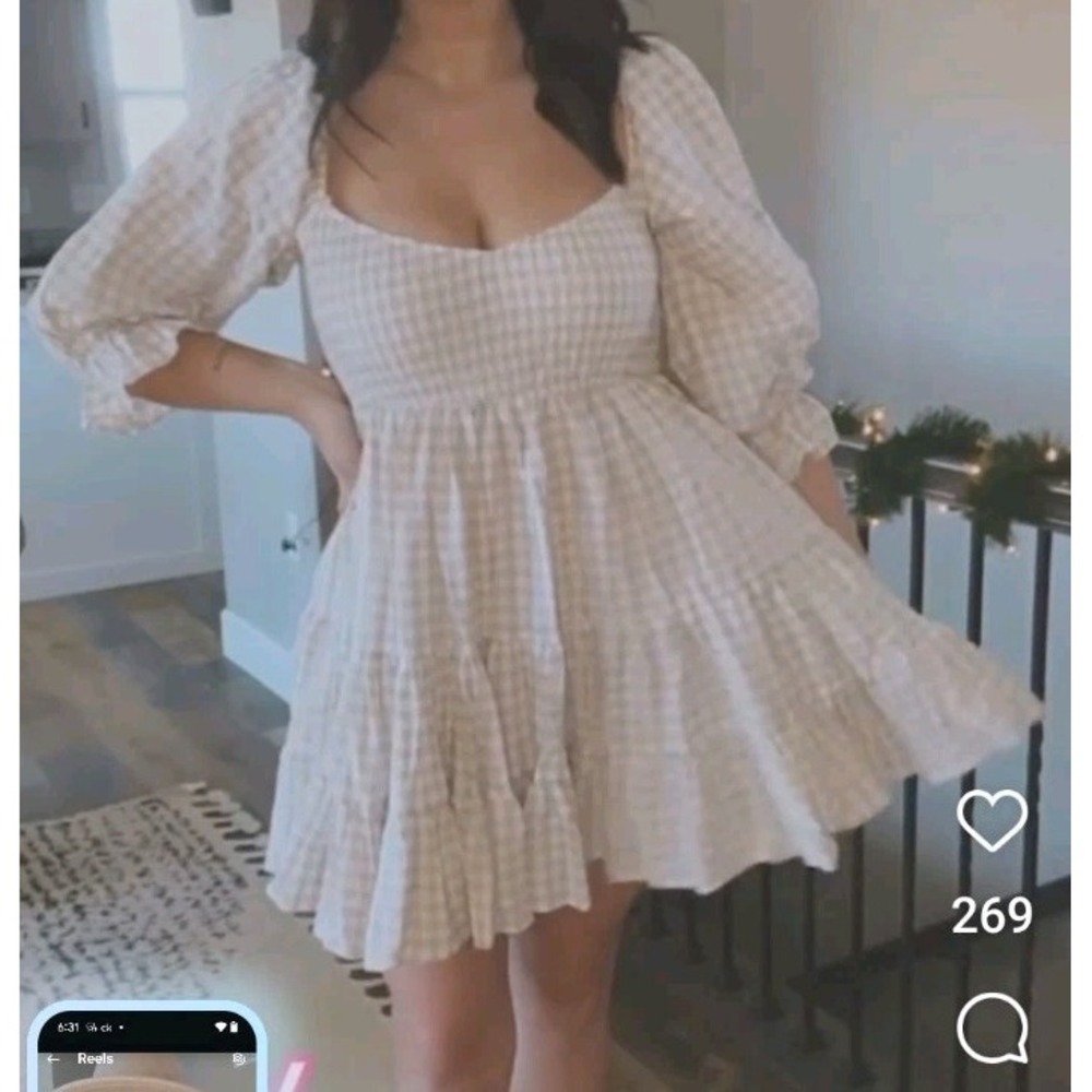 Mable Tan/White Gingham Smocked Bodice Ruffle Hem Dress-Size M (Instagram Dress) - Picture 7 of 7